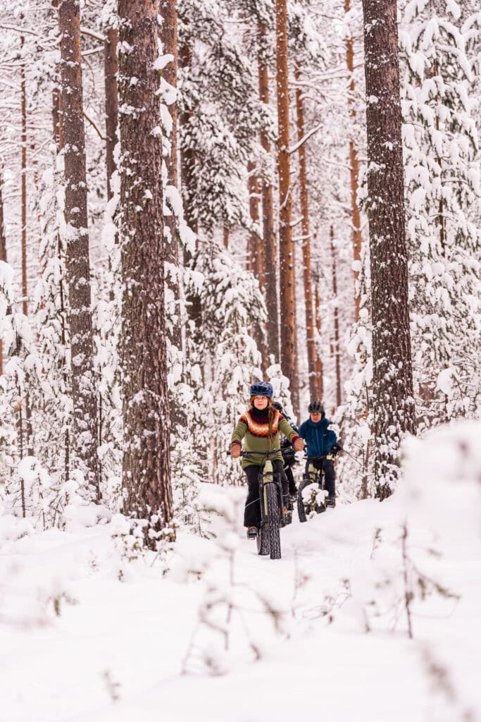 Kuvassa kaksi henkilöä pyöräilee talvisessa metsämaisemassa