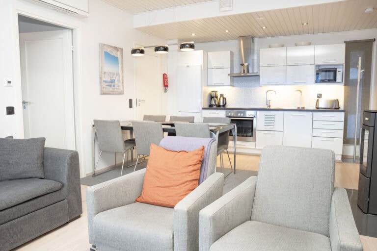 Kaisantie Suites huoneiston olohuone ja keittiö