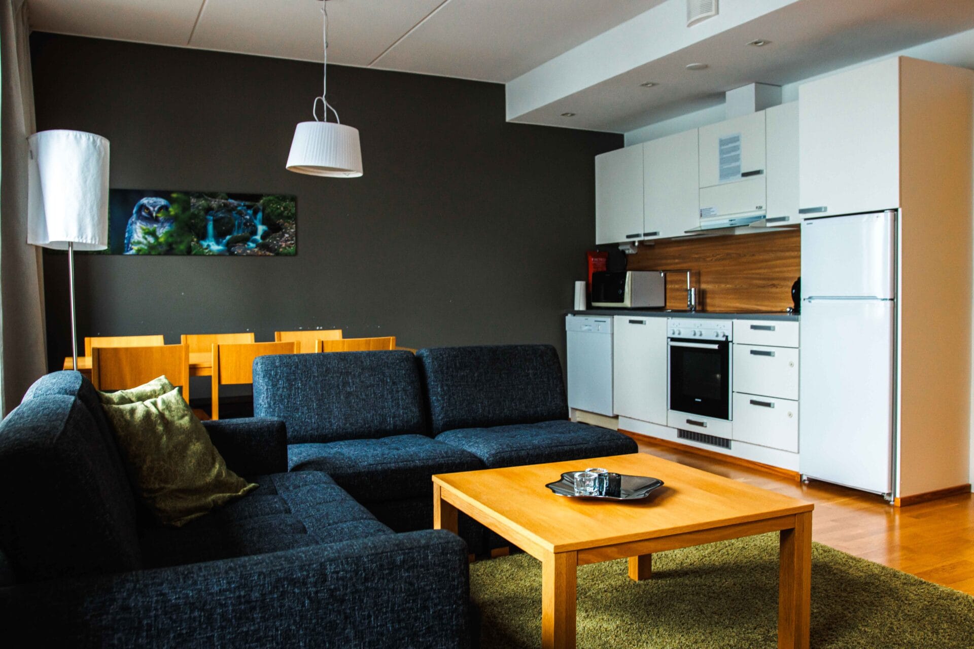 Chalets majoituksen tilava olohuone